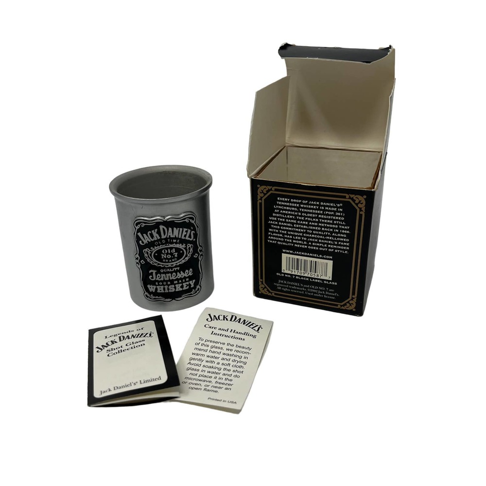 Jack Daniels 2002 Legends of JD Old No. 7 Black Label Pewter Shot Glass Box New